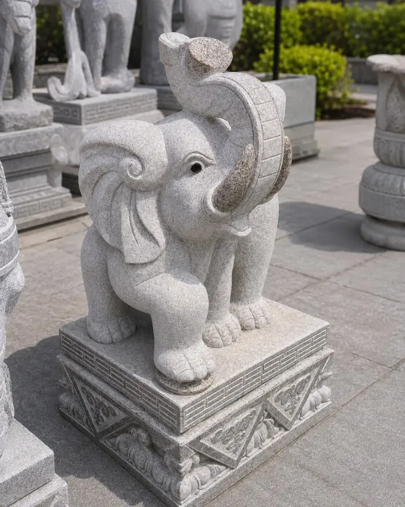 Hand-Carved Natural Stone Elephant Statue with Raised Trunk — Light gray natural stone for Toronto & GTA outdoor spaces | G&T Moving