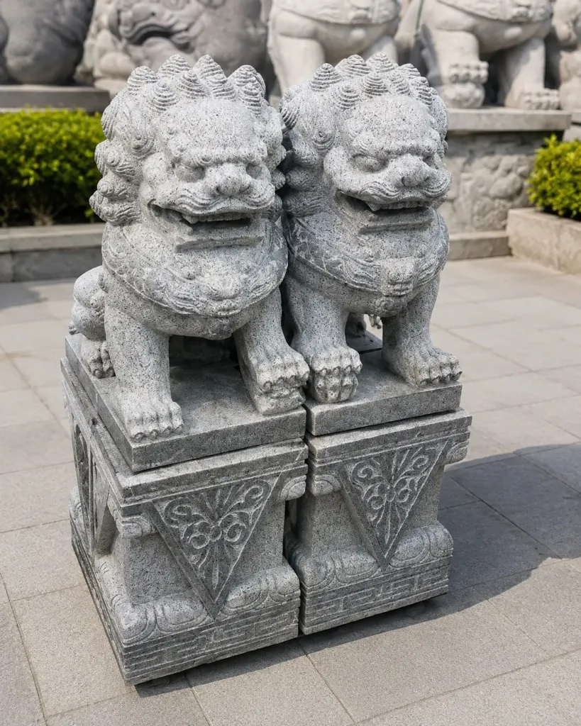 Carved stone guardian lion pair — Toronto G&T Moving stone product marketplace