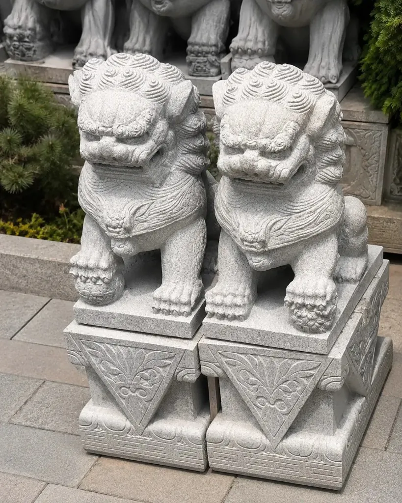 Hand-Carved Light Gray Granite Guardian Lion Pair — Light gray natural granite for Toronto & GTA outdoor spaces | G&T Moving
