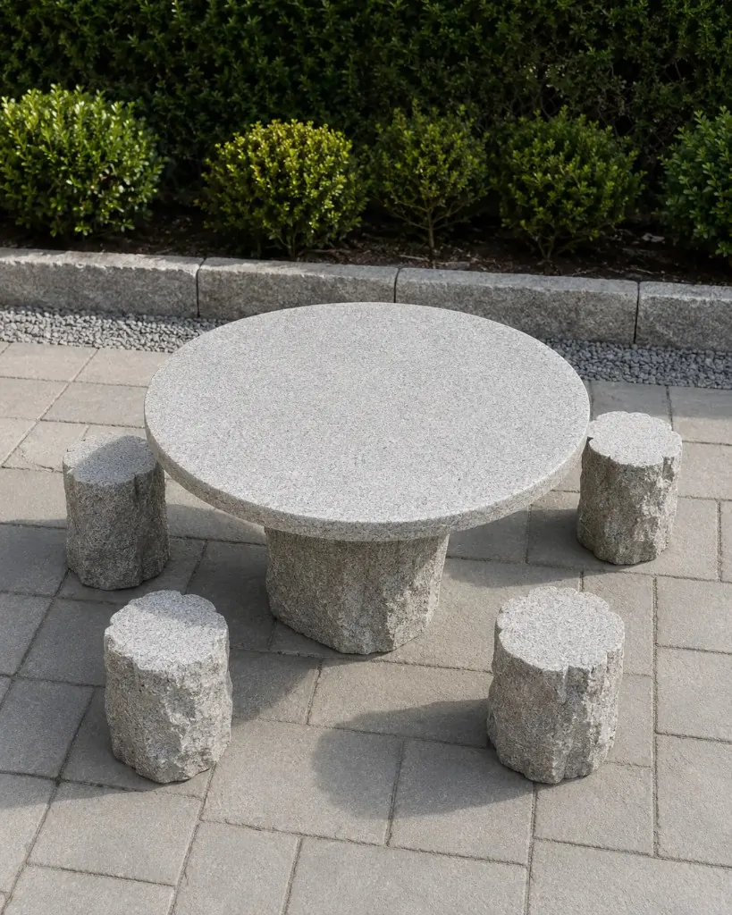 Light Gray Rough-Cut Stone Outdoor Table and Stool Set — Light gray natural stone for Toronto & GTA outdoor spaces | G&T Moving