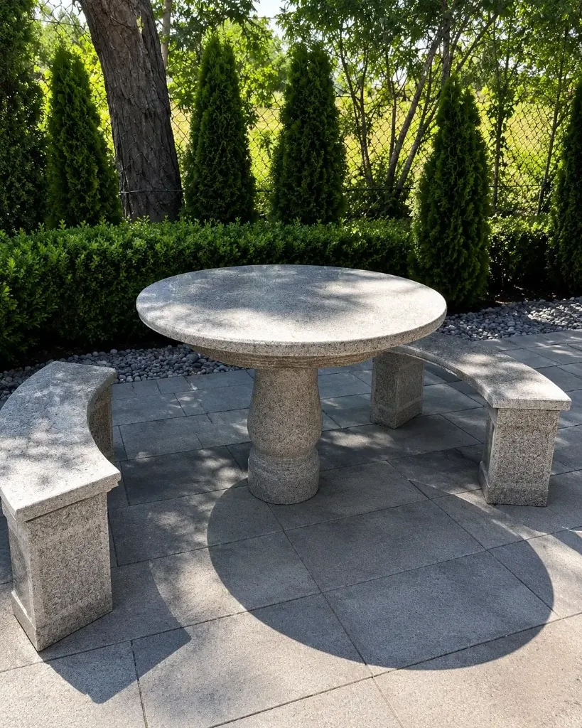 Polished Light Gray Stone Round Table Set with Two Curved Benches — Light gray natural stone for Toronto & GTA outdoor spaces | G&T Moving