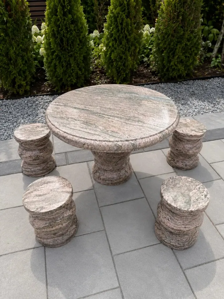 Pink Veined Natural Stone Outdoor Table and Stool Set — Natural stone with pink, gray and green veining for Toronto & GTA outdoor spaces | G&T Moving