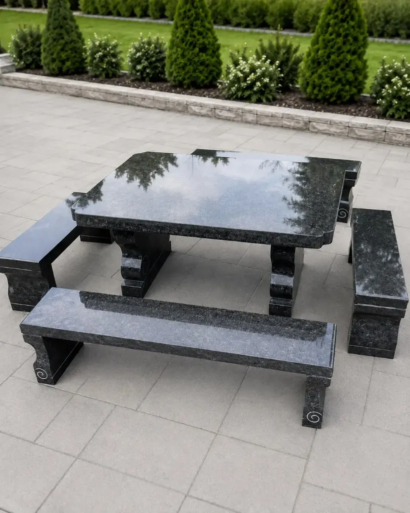 Polished dark stone outdoor dining set — new G&T Moving stone collection in Toronto