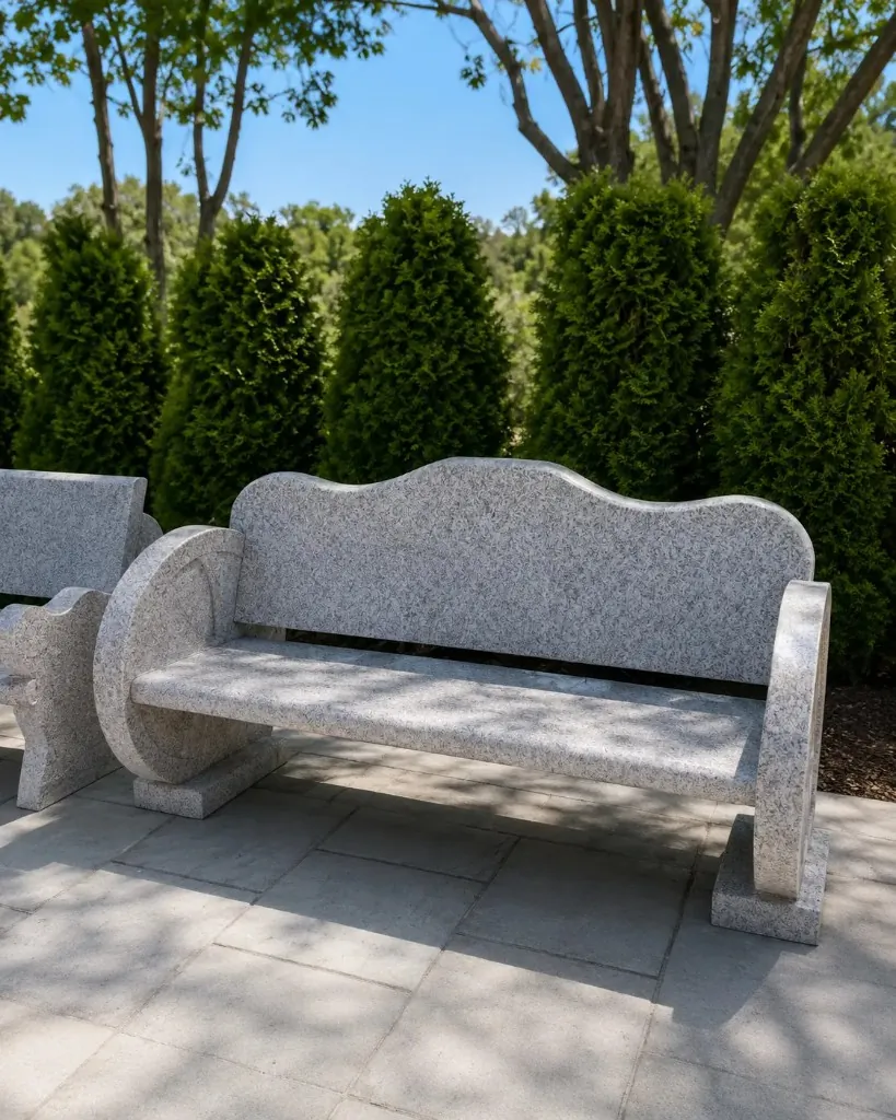 Polished Gray Stone Garden Bench with Sculpted Wave Back — Polished gray natural stone for Toronto & GTA outdoor spaces | G&T Moving